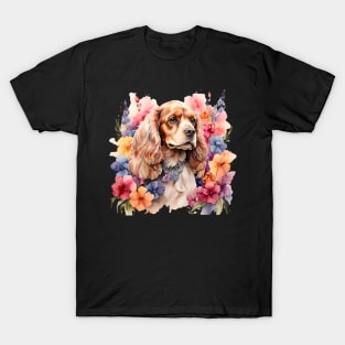 An american cocker spaniel decorated with beautiful watercolor flowers T-Shirt